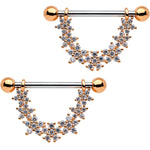 9/16 Clear CZ Gem Rose Gold Tone Daisy Flower Chain Dangle Nipple Ring Set