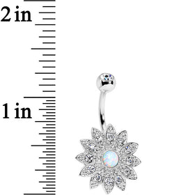 White Faux Opal Clear Gem Steel Fancy Sparkle Flower Belly Ring