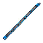 Mens Stainless Steel Solid Carbon Graphite and Blue IP with Clear CZ Gem Link Bracelet