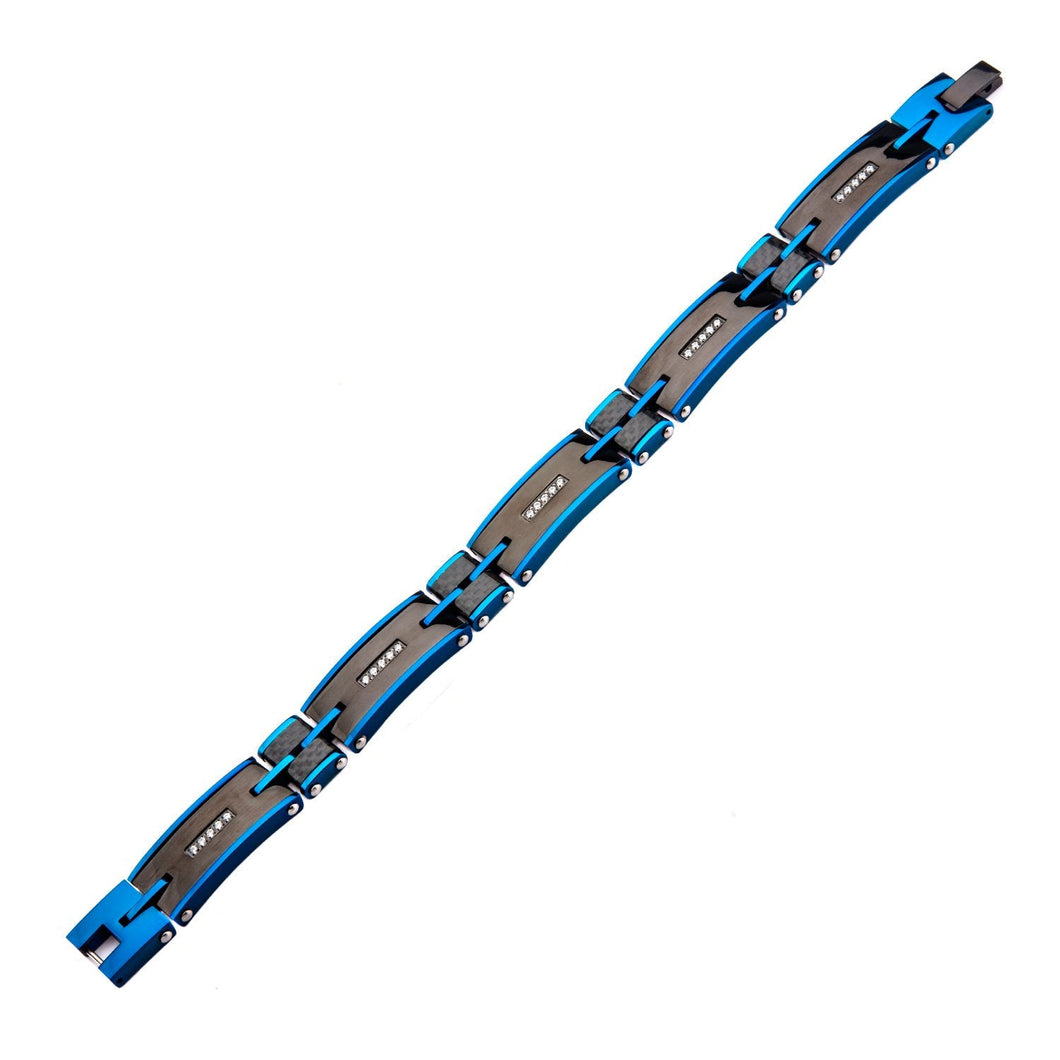 Mens Stainless Steel Solid Carbon Graphite and Blue IP with Clear CZ Gem Link Bracelet