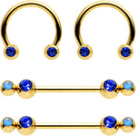 14G Blue Faux Opal Duo Gold Hue Horseshoe Barbell Nipple Ring Set