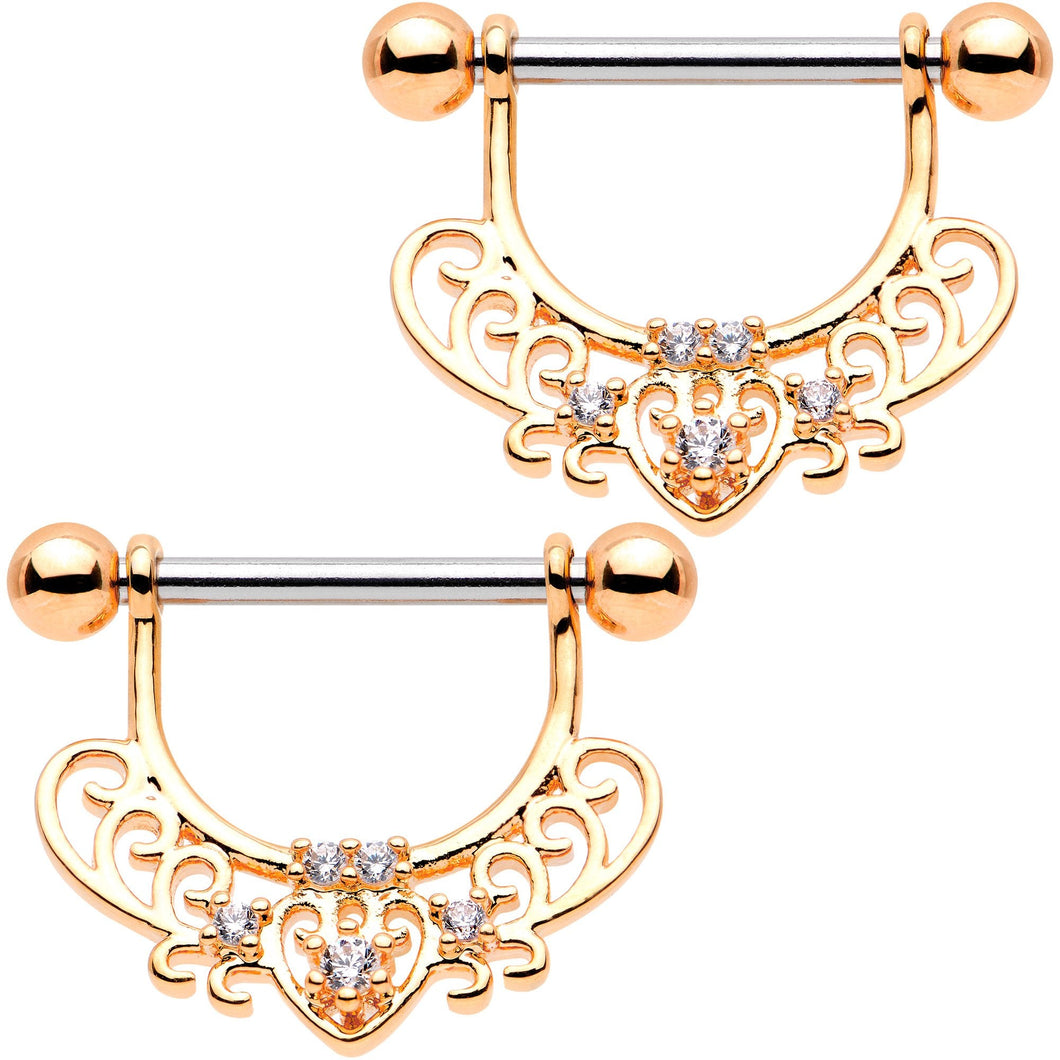 1/2 Clear CZ Gem Rose Gold Tone  Mehndi Dangle Nipple Ring Set