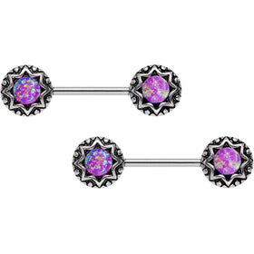 14G 5/8 Pink Synthetic Opal Lotus Flower Nipple Barbell Set