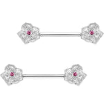 5/8 Pink Gem Geranium Flower Barbell Nipple Ring Set
