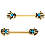 9/16 Blue Orb Gold Plated Hamsa Hand Barbell Nipple Ring Set