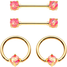 Pink Faux Opal Gold Tone Captive Ring Straight Barbell Nipple Ring Set
