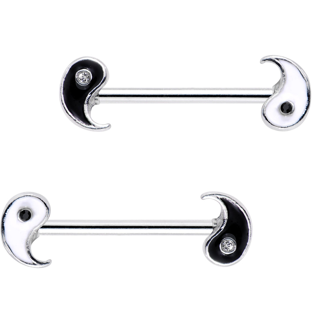 14G 18mm Clear Black Gem Yin Yang Barbell Nipple Ring Set