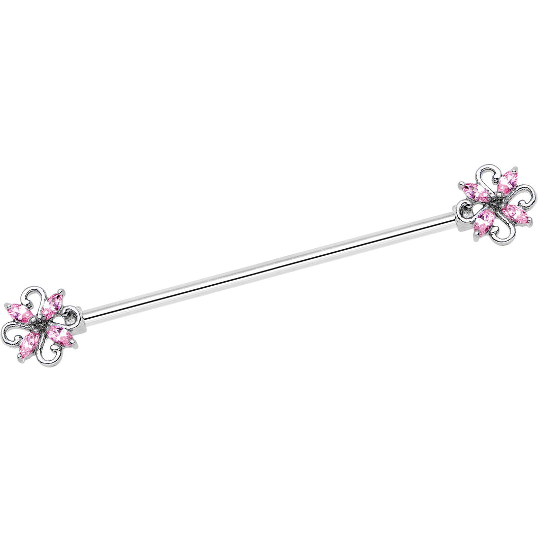 14G Pink Gem Windmill Flower Industrial Barbell 38mm