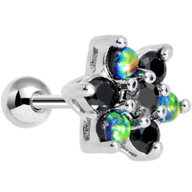 16G 1/4 Black Faux Opal Black Flower Tragus Cartilage Earring
