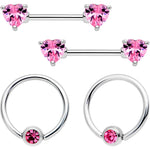 14G 9/16 Pink Gem Heart Captive Ring Barbell Nipple Ring Set