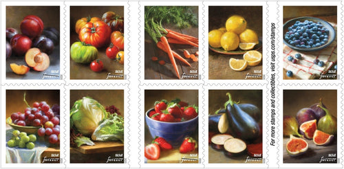Official USPS Fruits and Vegetables Forever stamps booklet artwork