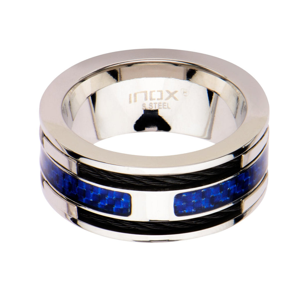 Mens Blue Carbon Fiber with Black Cable Steel Inlayed Stainless Steel Ring