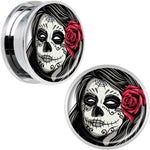 Katrina Sugar Skull with Rose Flower Steel Screw Fit Plug Set 20mm