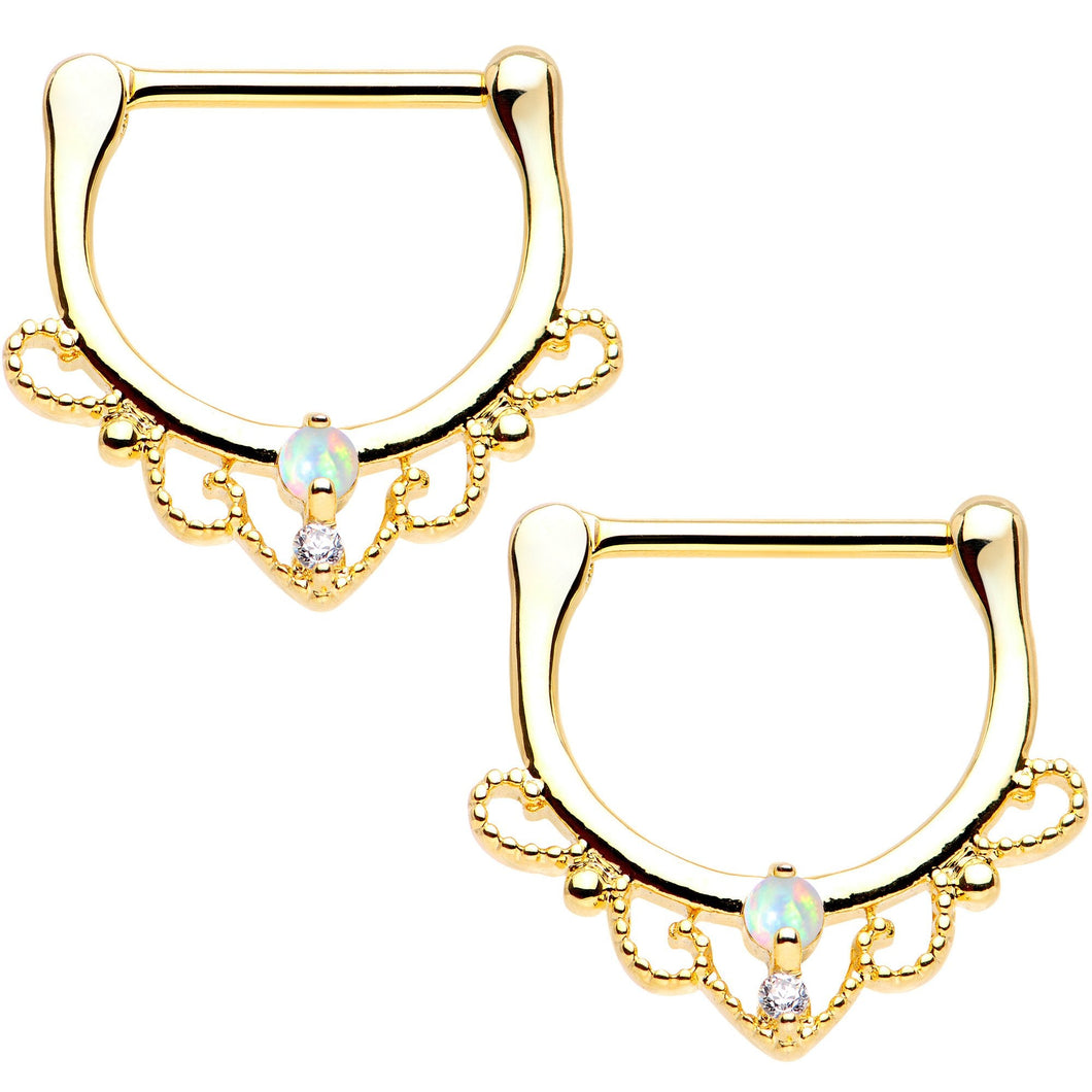 9/16 White Synthetic Opal Gold Tone Anodized Duet Nipple Clicker Set