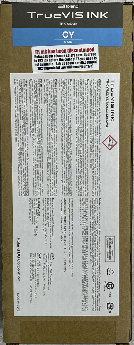 New, Pre-Owned - Roland TrueVIS TR-CY/500CC High-Yield Cyan Ink Cartridge