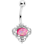 Pink Faux Opal Regally Flowered Frame Belly Ring