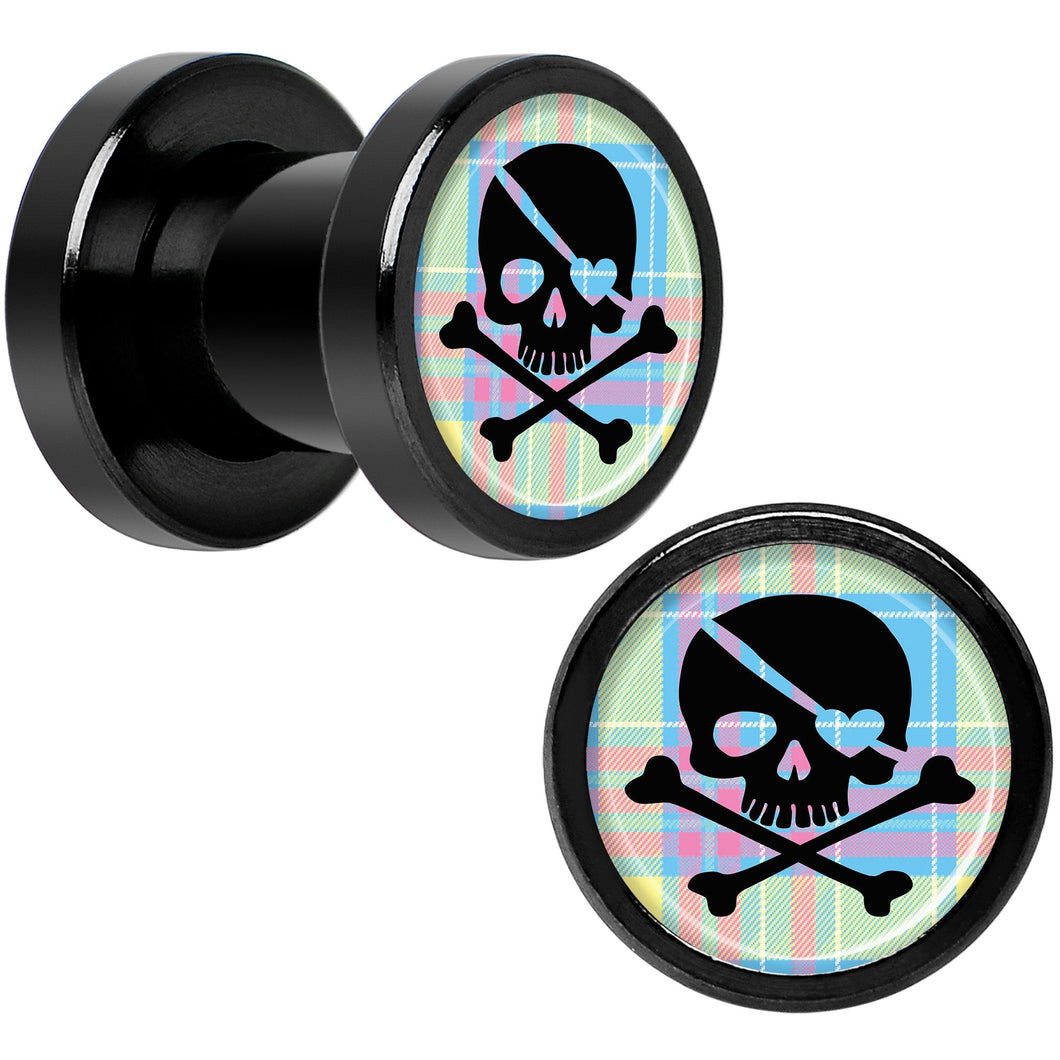 Pink Green Plaid Heart Skull Black Anodized Screw Fit Plug Set 2G