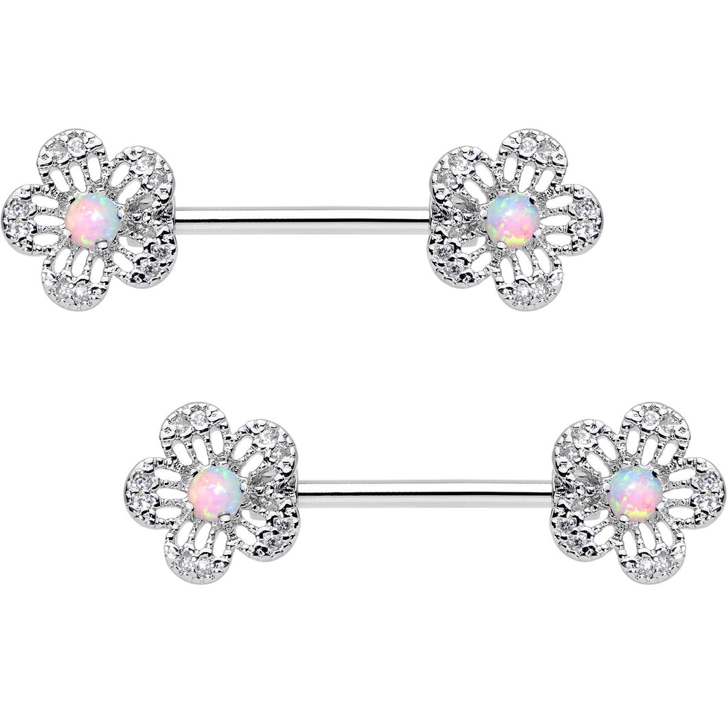 White Synthetic Opal Frozen Flower Barbell Nipple Ring Set