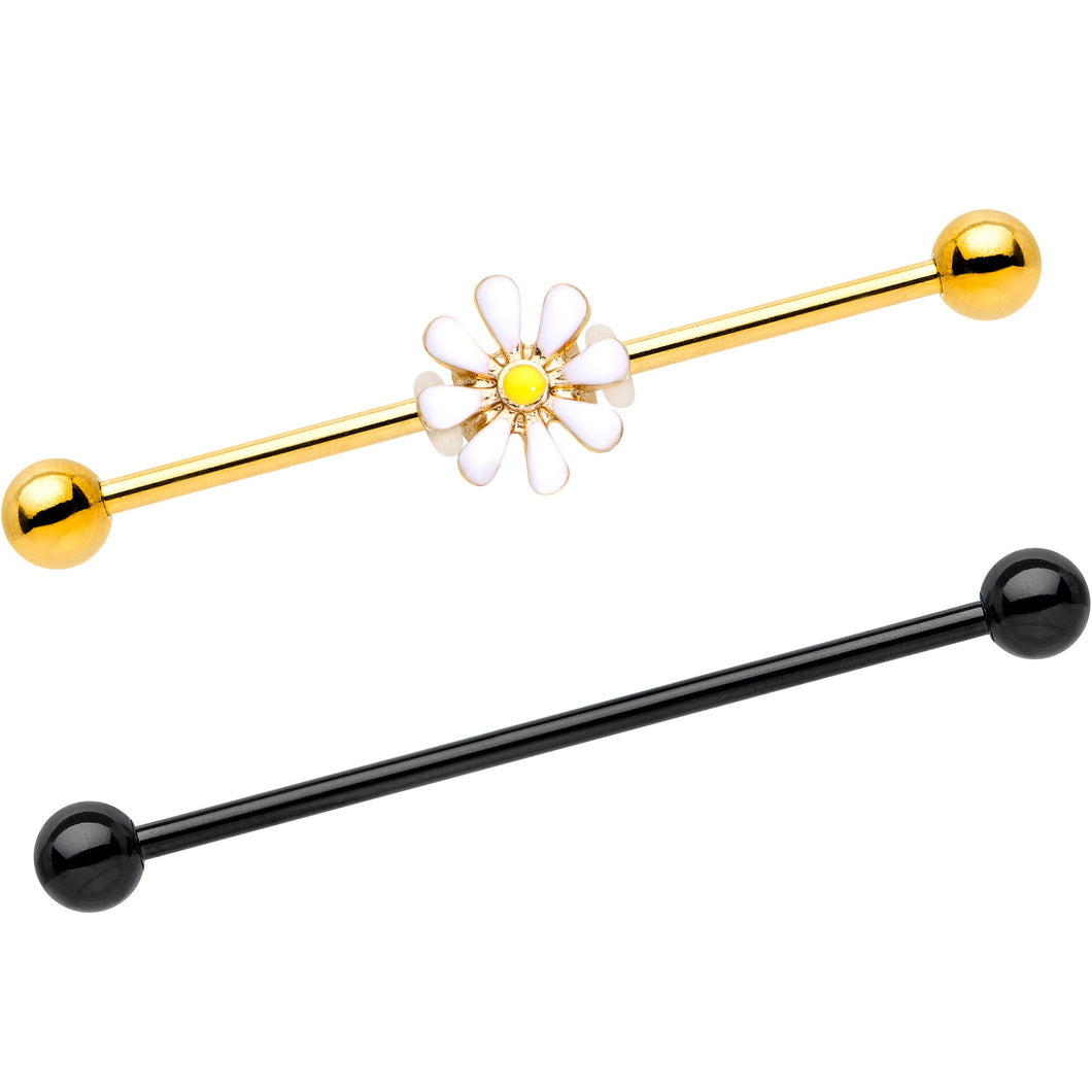 14G Black Gold Tone Daisy Flower Industrial Barbell 38mm Set of 2