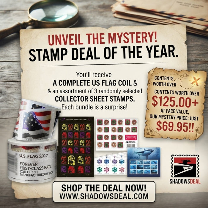 Mystery Forever stamp bundle with U.S. flag coil and three surprise collector sheets