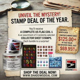 Mystery Forever postage stamp bundle with a U.S. flag coil and three randomly selected collector stamp sheets