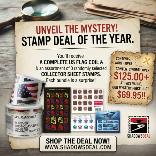 Mystery Forever postage stamp bundle with a U.S. flag coil and three randomly selected collector stamp sheets