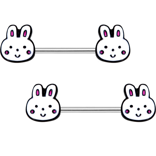 14G 5/8 White Bunny Rabbit Heads Barbell Nipple Ring Set