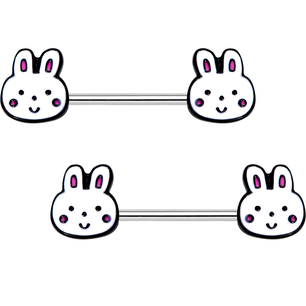 14G 5/8 White Bunny Rabbit Heads Barbell Nipple Ring Set