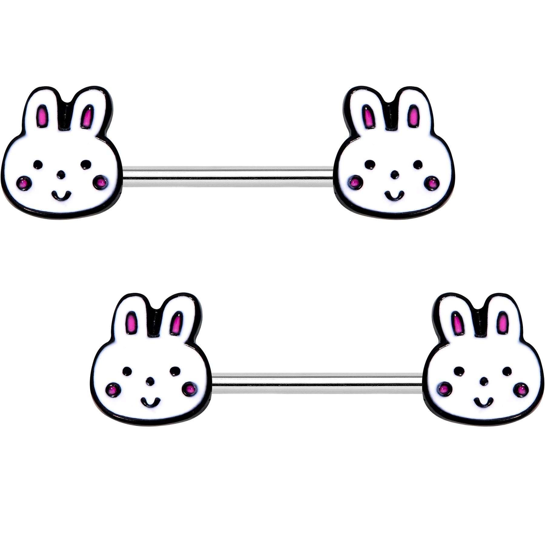 14G 5/8 White Bunny Rabbit Heads Barbell Nipple Ring Set