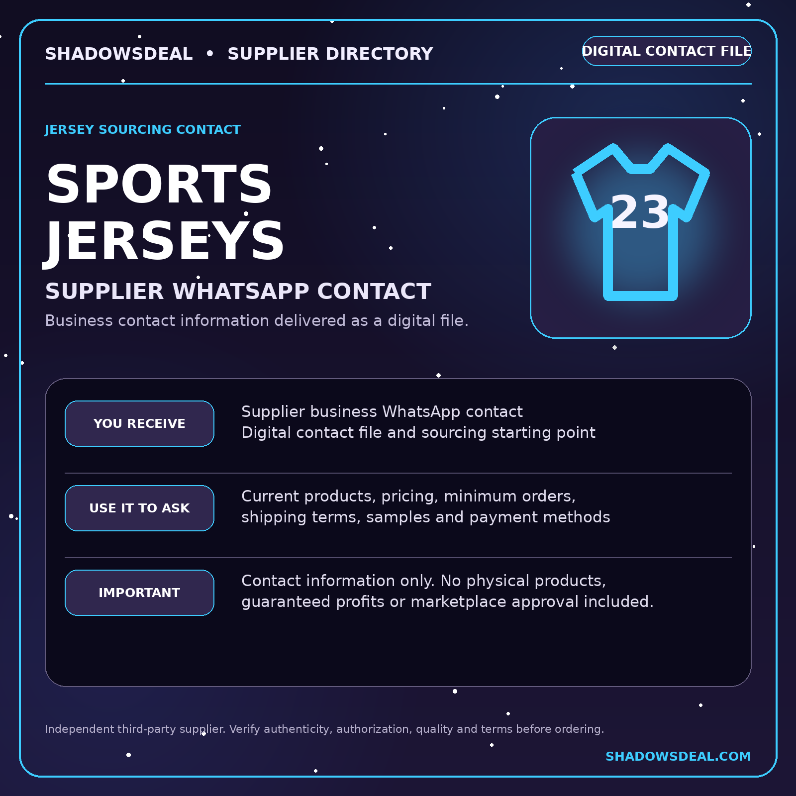 Sports jersey supplier WhatsApp contact digital file from ShadowsDeal