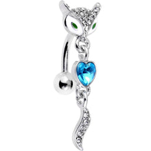 Blue Gem Heart Fierce Fox Head Top Mount Dangle Belly Ring