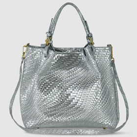 Italian Genuine Basketweave-Embossed Metallic Suede Top-Handle Bag | Imperia