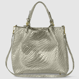 Italian Genuine Basketweave-Embossed Metallic Suede Top-Handle Bag | Imperia