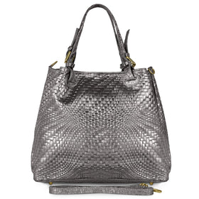 Italian Genuine Basketweave-Embossed Metallic Suede Top-Handle Bag | Imperia