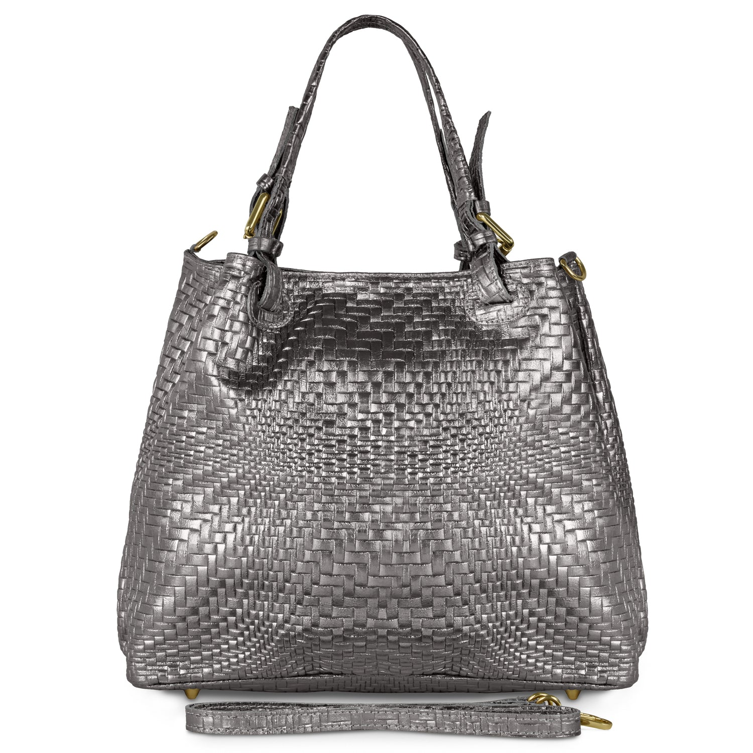 Italian Genuine Basketweave-Embossed Metallic Suede Top-Handle Bag | Imperia