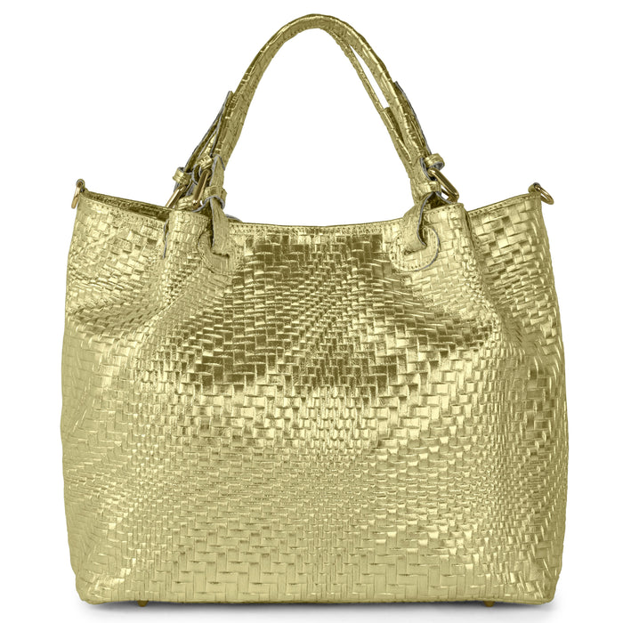 Italian Genuine Basketweave-Embossed Metallic Suede Top-Handle Bag | Imperia