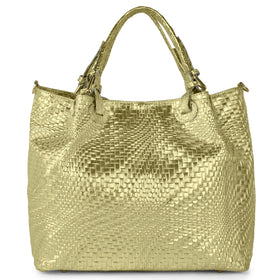 Italian Genuine Basketweave-Embossed Metallic Suede Top-Handle Bag | Imperia