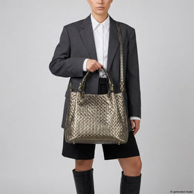 Italian Genuine Woven-Embossed Metallic Suede Top-Handle Bag | Savona