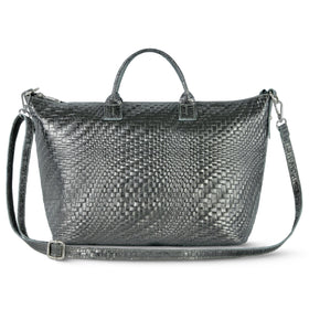 Italian Genuine Basketweave-Embossed Metallic Suede Top-Handle Bag | Treviso