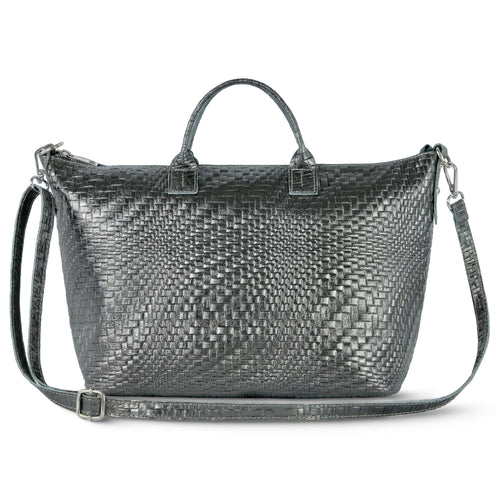 Italian Genuine Basketweave-Embossed Metallic Suede Top-Handle Bag | Treviso