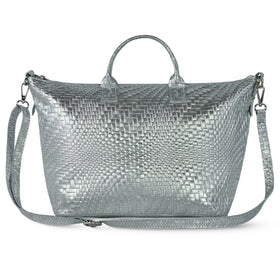 Italian Genuine Basketweave-Embossed Metallic Suede Top-Handle Bag | Treviso