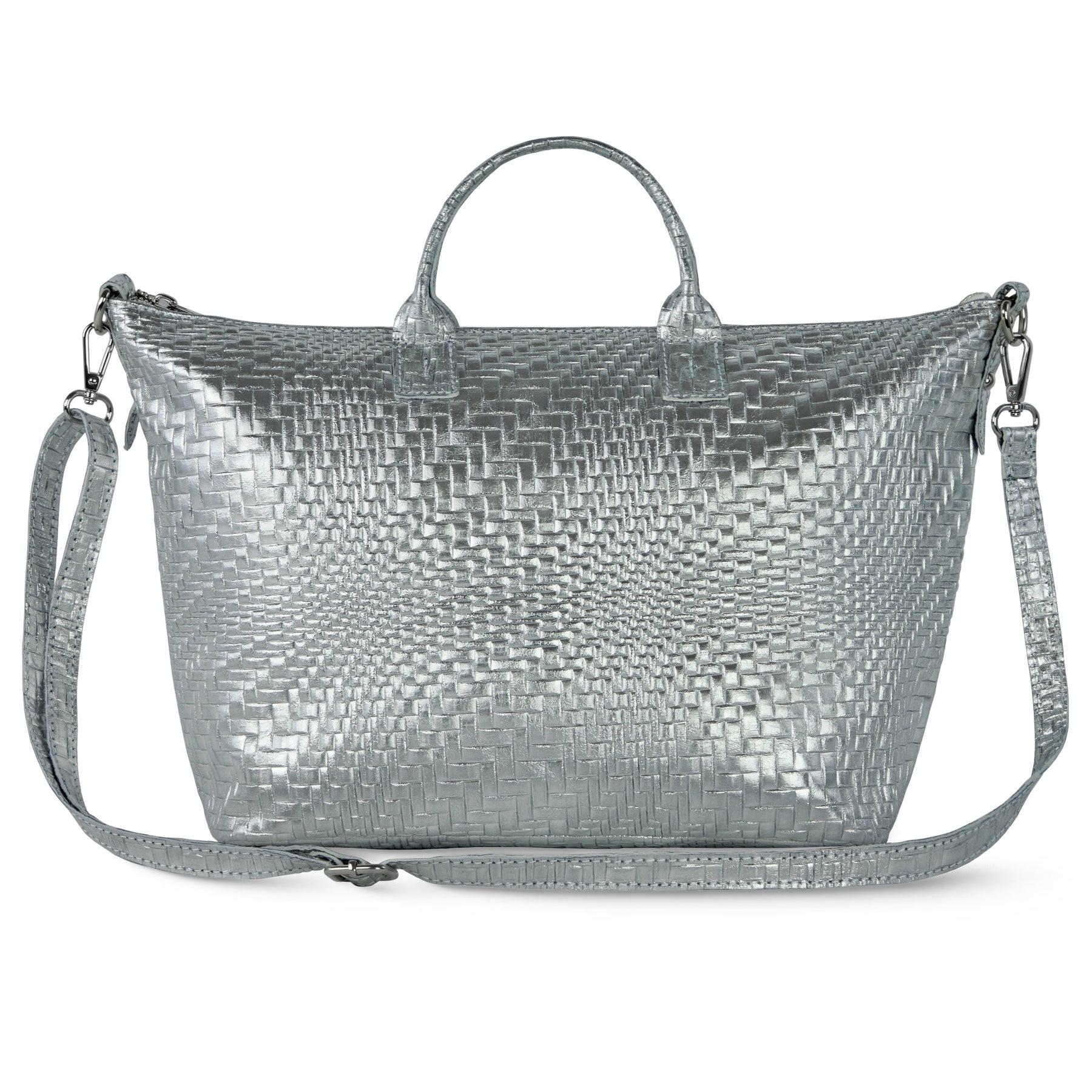 Italian Genuine Basketweave-Embossed Metallic Suede Top-Handle Bag | Treviso