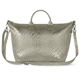 Italian Genuine Basketweave-Embossed Metallic Suede Top-Handle Bag | Treviso