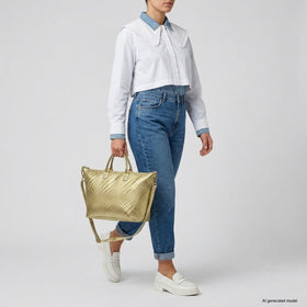 Italian Genuine Basketweave-Embossed Metallic Suede Top-Handle Bag | Treviso
