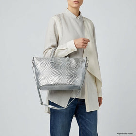 Italian Genuine Basketweave-Embossed Metallic Suede Top-Handle Bag | Treviso