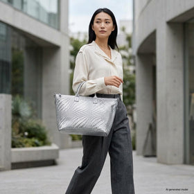 Italian Genuine Basketweave-Embossed Metallic Suede Top-Handle Bag | Treviso