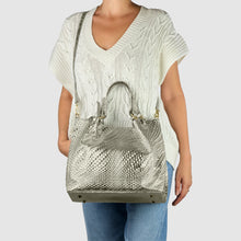 Italian Genuine Grid Metallic Suede Top-Handle Bag 112615