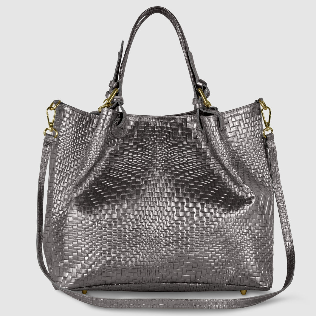 Italian Genuine Grid Metallic Suede Top-Handle Bag 112615