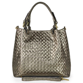 Italian Genuine Woven-Embossed Metallic Suede Top-Handle Bag | Savona