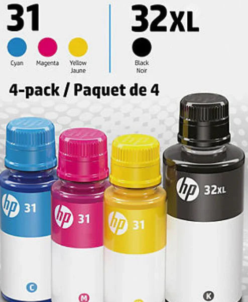 New, Pre-Owned - HP 31 C-M-Y and HP 32XL Black Ink Cartridges Refills-Pack-4